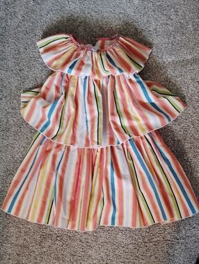 Girls Striped Ruffle Tier Dress in Pink & Blue